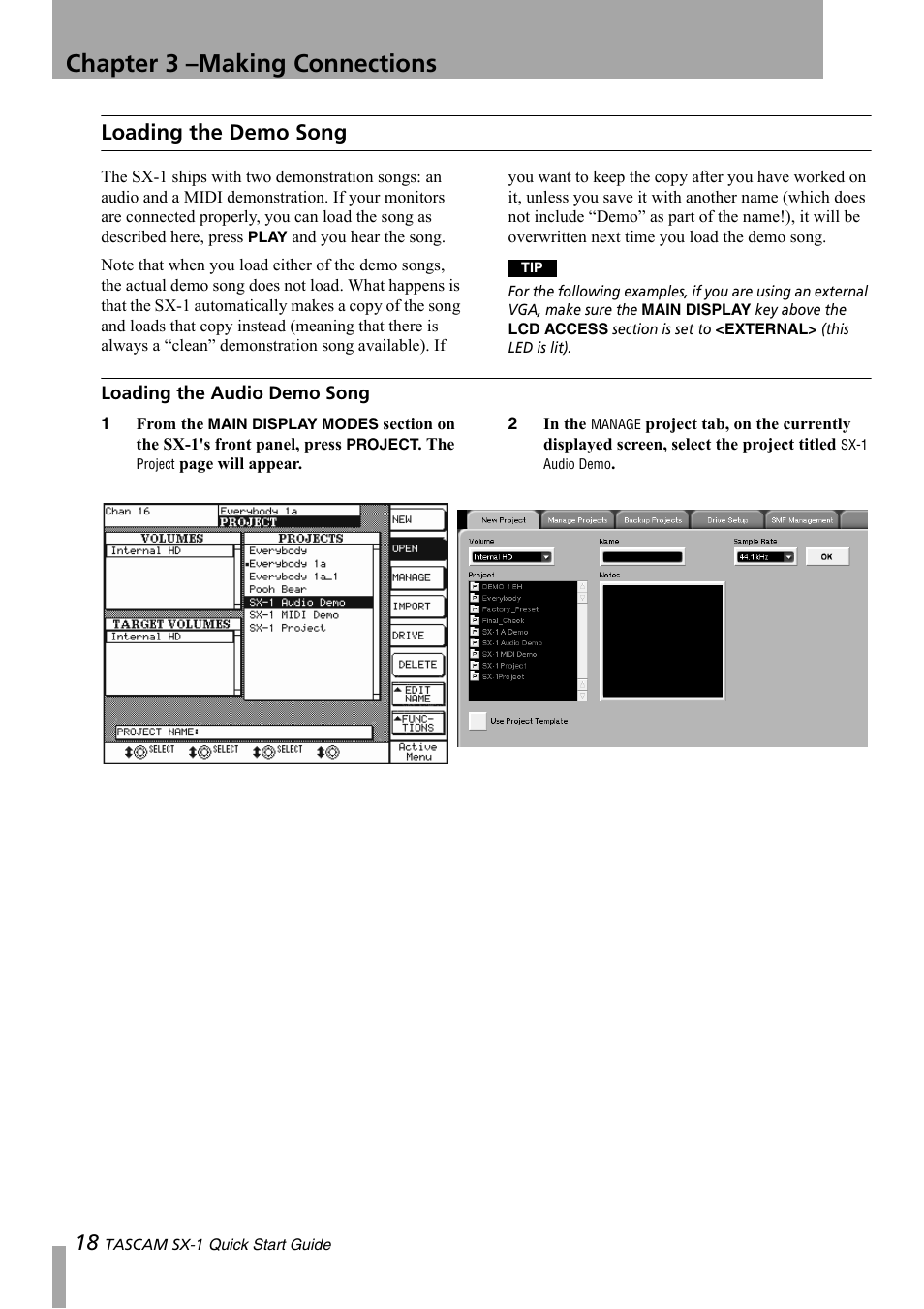 Loading the demo song, Loading the audio demo song, Chapter 3 –making connections | Teac SX-1 Quick Start Guide User Manual | Page 18 / 38