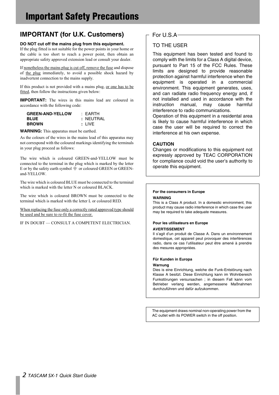 Important safety precautions, Important (for u.k. customers), For u.s.a | Teac SX-1 Quick Start Guide User Manual | Page 2 / 38