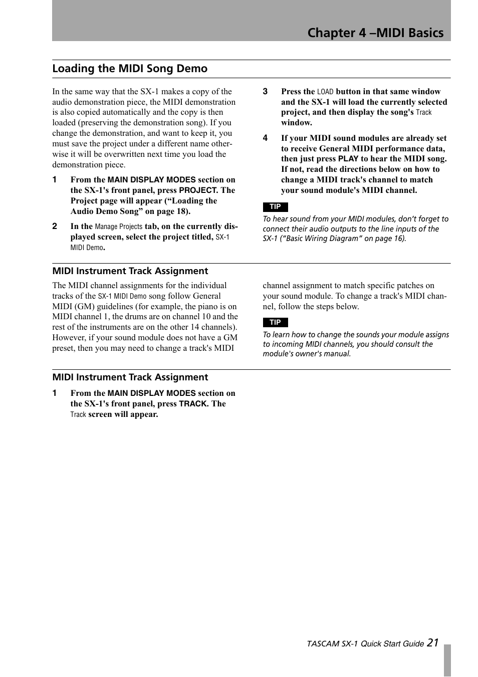 Loading the midi song demo, Midi instrument track assignment, Chapter 4 –midi basics | 21 loading the midi song demo | Teac SX-1 Quick Start Guide User Manual | Page 21 / 38
