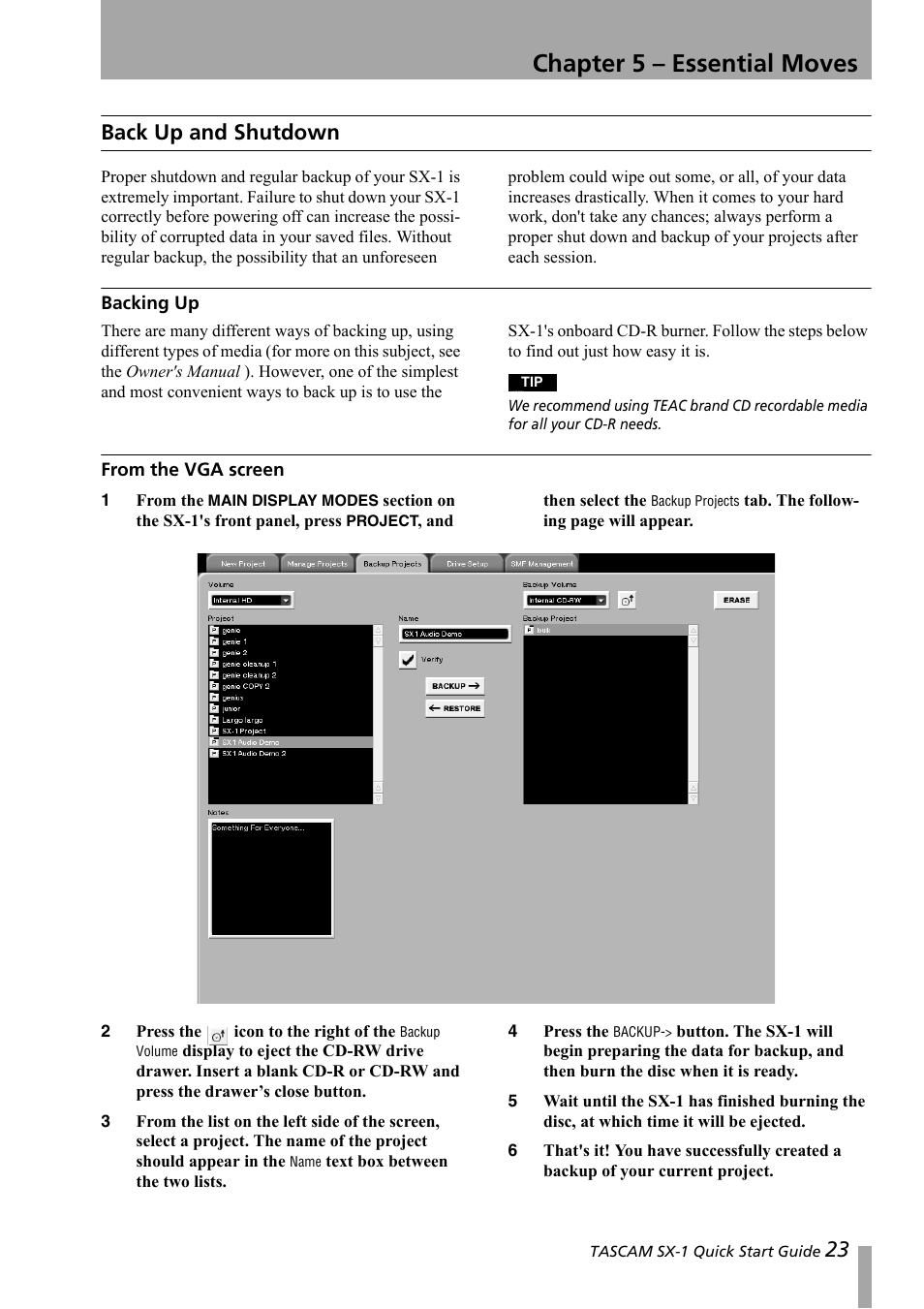Chapter 5 – essential moves, Back up and shutdown, Backing up | From the vga screen, Backing up from the vga screen | Teac SX-1 Quick Start Guide User Manual | Page 23 / 38
