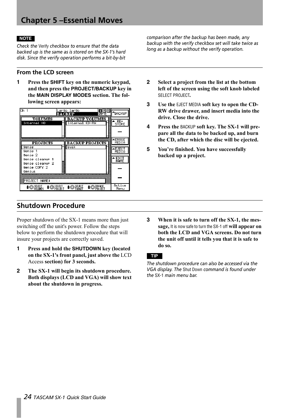 From the lcd screen, Shutdown procedure, Chapter 5 –essential moves | Teac SX-1 Quick Start Guide User Manual | Page 24 / 38