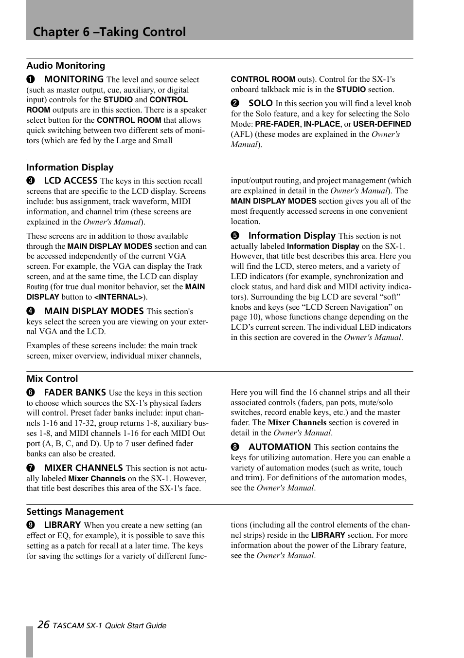 Audio monitoring, Information display, Mix control | Settings management, Chapter 6 –taking control | Teac SX-1 Quick Start Guide User Manual | Page 26 / 38