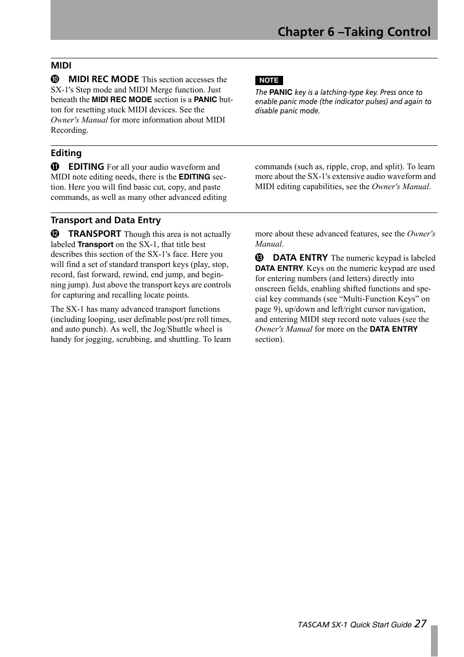 Midi, Editing, Transport and data entry | Midi editing transport and data entry, Chapter 6 –taking control | Teac SX-1 Quick Start Guide User Manual | Page 27 / 38
