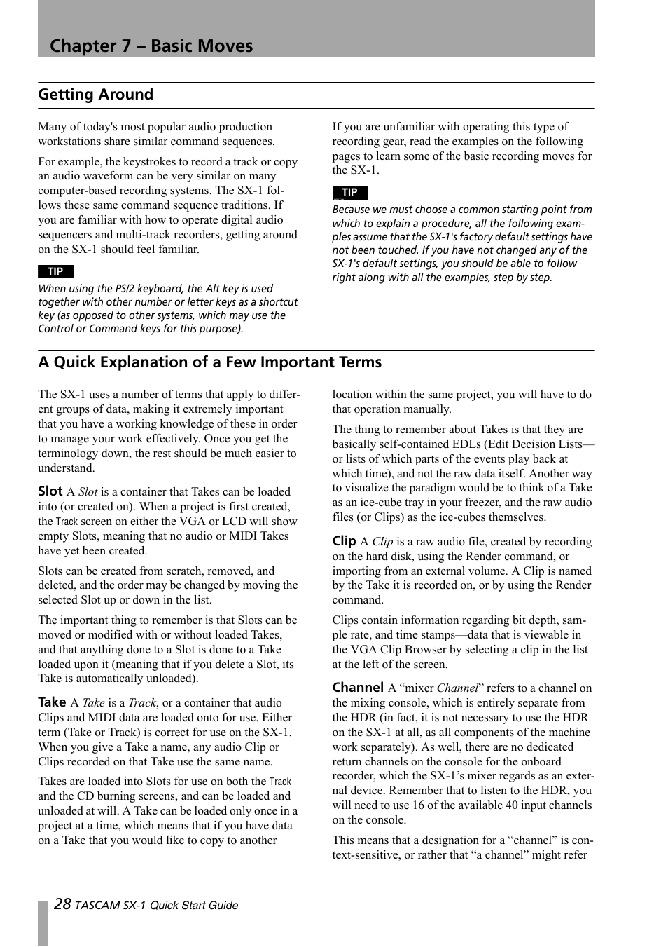 Chapter 7 – basic moves, Getting around, A quick explanation of a few important terms | Terms, Slot take clip channel | Teac SX-1 Quick Start Guide User Manual | Page 28 / 38