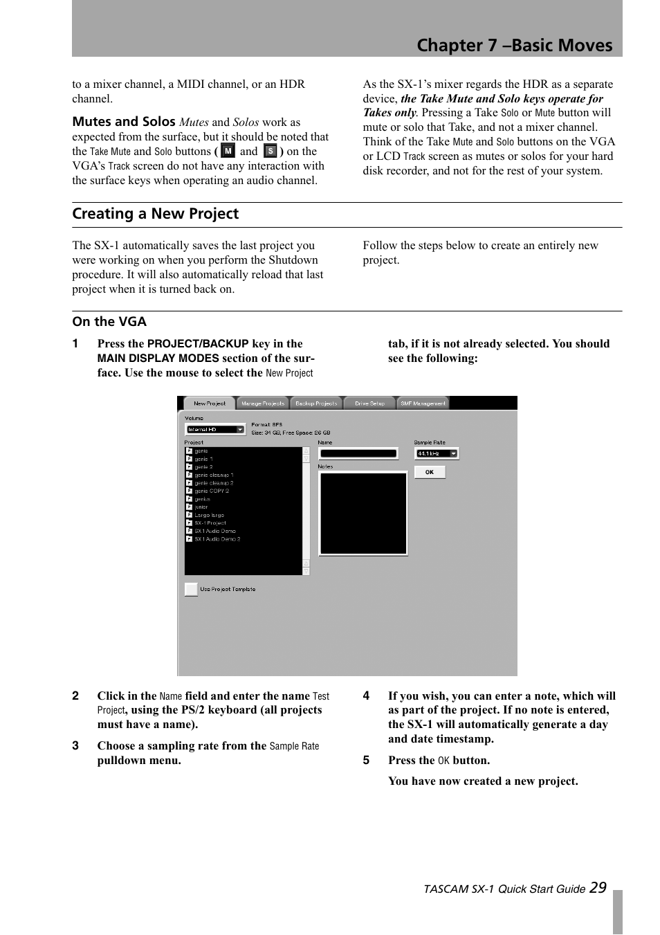 Creating a new project, On the vga, Mutes and solos | Chapter 7 –basic moves | Teac SX-1 Quick Start Guide User Manual | Page 29 / 38