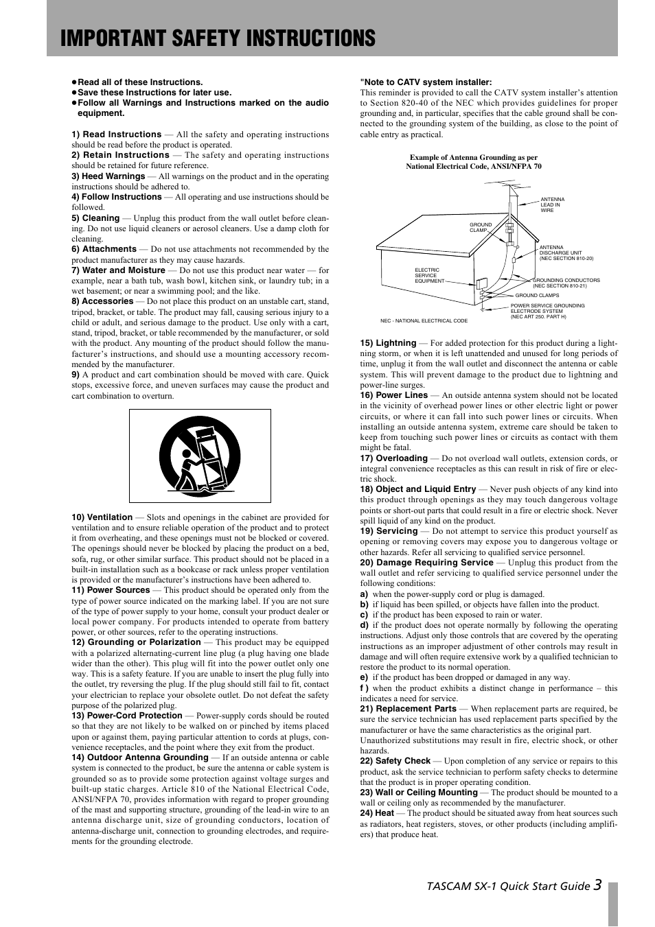 Important safety instructions, Tascam sx-1 quick start guide | Teac SX-1 Quick Start Guide User Manual | Page 3 / 38