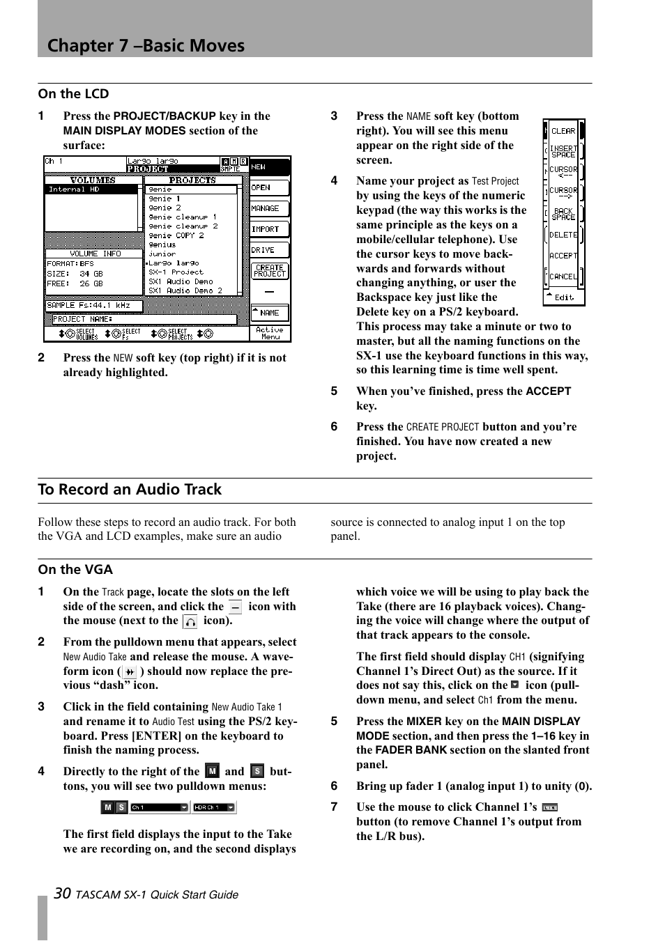 On the lcd, To record an audio track, On the vga | Chapter 7 –basic moves | Teac SX-1 Quick Start Guide User Manual | Page 30 / 38