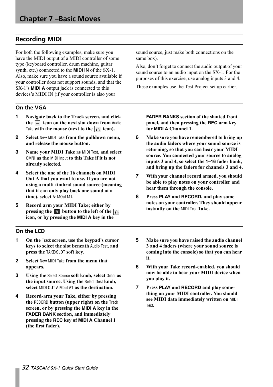 Recording midi, On the vga, On the lcd | On the vga on the lcd, Chapter 7 –basic moves | Teac SX-1 Quick Start Guide User Manual | Page 32 / 38