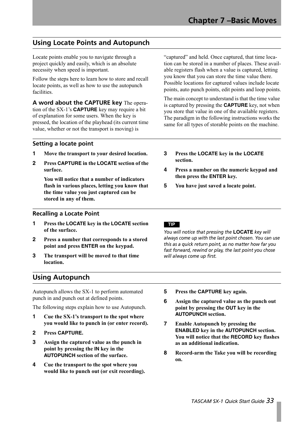 Using locate points and autopunch, Setting a locate point, Recalling a locate point | Using autopunch, A word about the capture key, Setting a locate point recalling a locate point, Chapter 7 –basic moves, 33 using locate points and autopunch | Teac SX-1 Quick Start Guide User Manual | Page 33 / 38