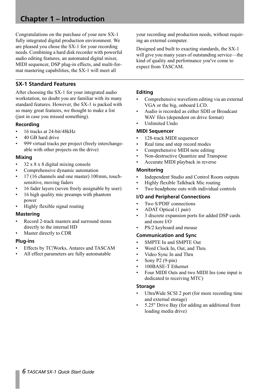 Chapter 1 – introduction, Sx-1 standard features | Teac SX-1 Quick Start Guide User Manual | Page 6 / 38