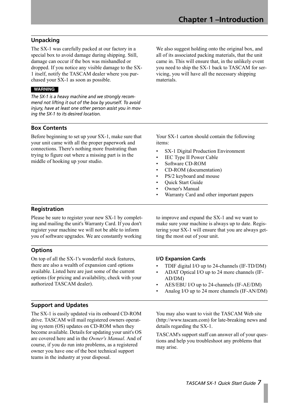 Unpacking, Box contents, Registration | Options, Support and updates, Chapter 1 –introduction | Teac SX-1 Quick Start Guide User Manual | Page 7 / 38