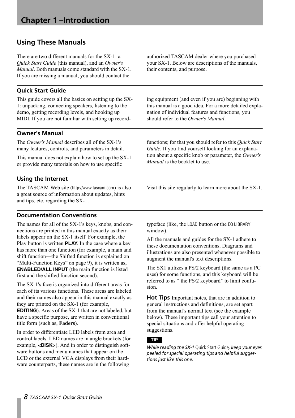 Using these manuals, Quick start guide, Owner's manual | Using the internet, Documentation conventions, Hot tips, Chapter 1 –introduction | Teac SX-1 Quick Start Guide User Manual | Page 8 / 38