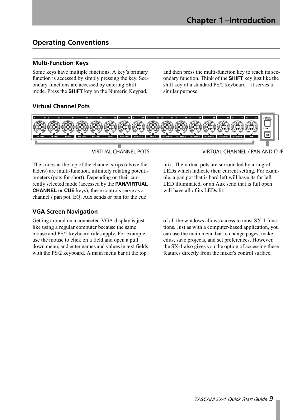 Operating conventions, Multi-function keys, Virtual channel pots | Vga screen navigation, Chapter 1 –introduction, 9operating conventions | Teac SX-1 Quick Start Guide User Manual | Page 9 / 38