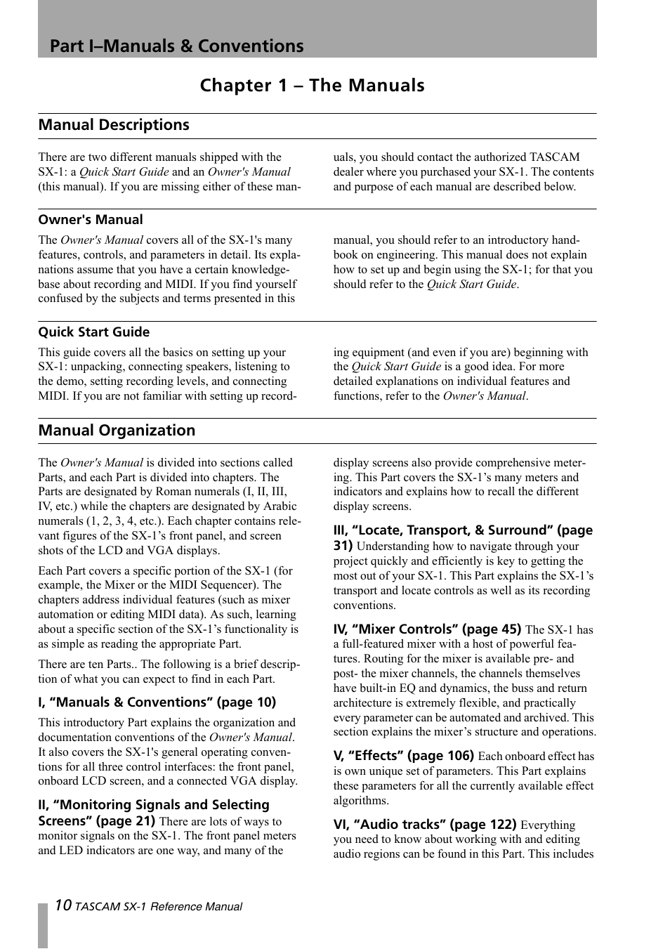 Part i– manuals & conventions, Chapter 1 – the manuals, Manual descriptions | Owner's manual, Quick start guide, Manual organization | Teac SX-1 Reference Manual User Manual | Page 10 / 213