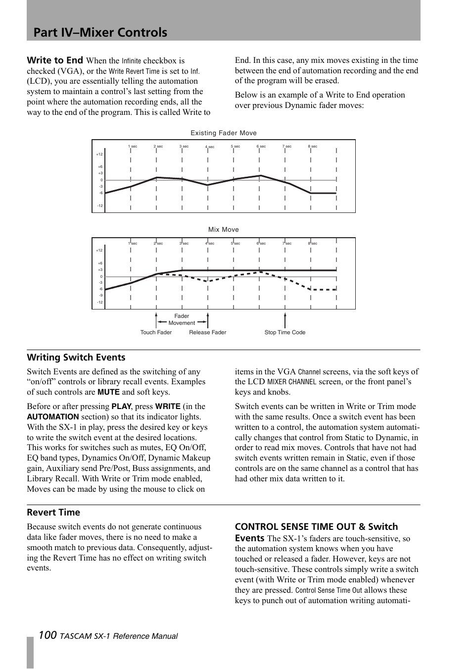 Writing switch events, Revert time, Part iv–mixer controls | Write to end, Control sense time out & switch events, When the, Checkbox is checked (vga), or the, Is set to, And soft keys. before or after pressing, Press | Teac SX-1 Reference Manual User Manual | Page 100 / 213