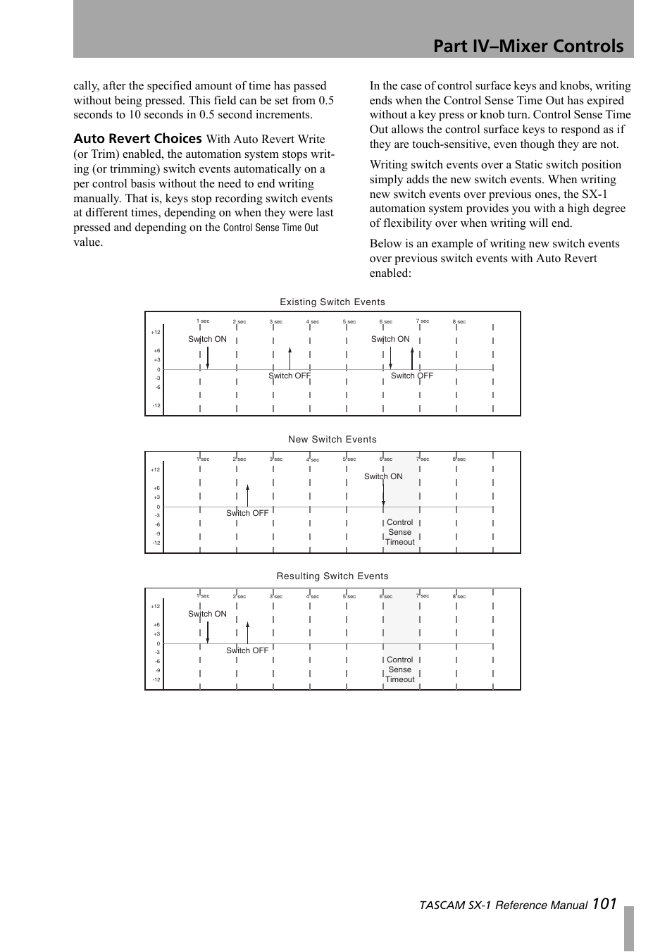 Part iv–mixer controls, Auto revert choices, Tascam sx-1 reference manual | Control sense time out | Teac SX-1 Reference Manual User Manual | Page 101 / 213