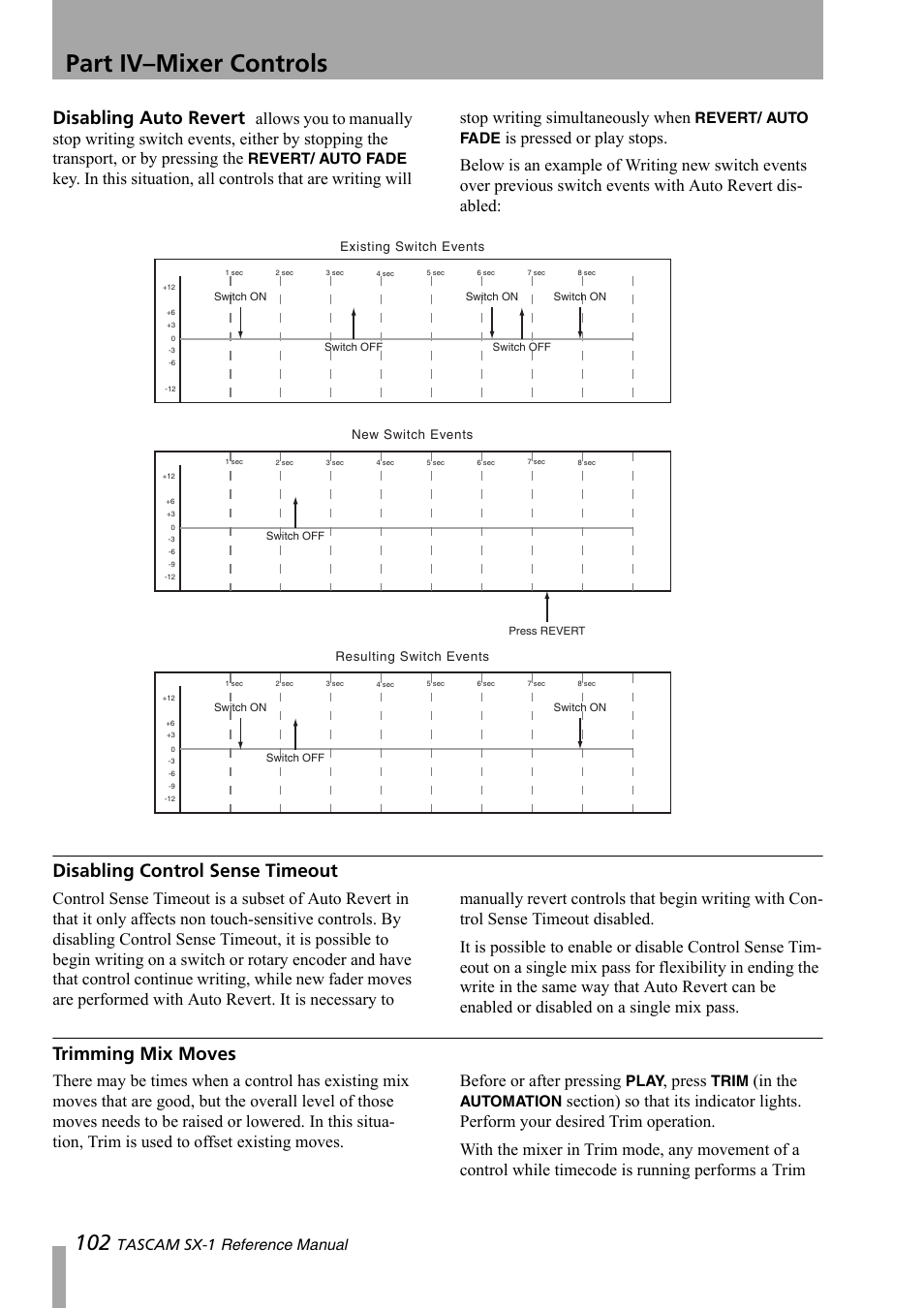 Disabling control sense timeout, Trimming mix moves, Part iv–mixer controls | Disabling auto revert, Press, Tascam sx-1 reference manual, Revert/ auto fade, Play, Trim, Automation | Teac SX-1 Reference Manual User Manual | Page 102 / 213