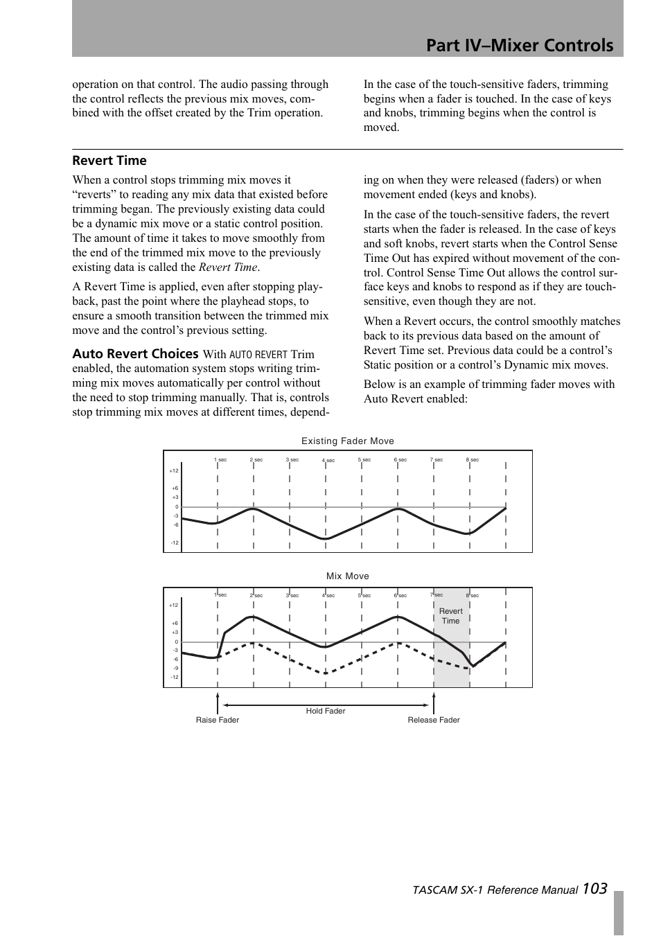 Revert time, Part iv–mixer controls, Auto revert choices | With, Tascam sx-1 reference manual, Auto revert | Teac SX-1 Reference Manual User Manual | Page 103 / 213