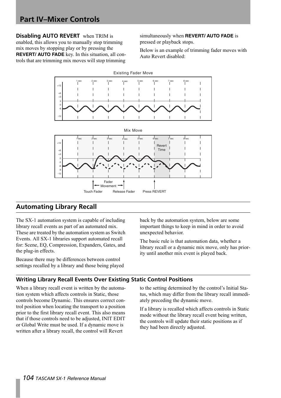 Automating library recall, Part iv–mixer controls, Disabling auto revert | Tascam sx-1 reference manual, Revert/ auto fade | Teac SX-1 Reference Manual User Manual | Page 104 / 213