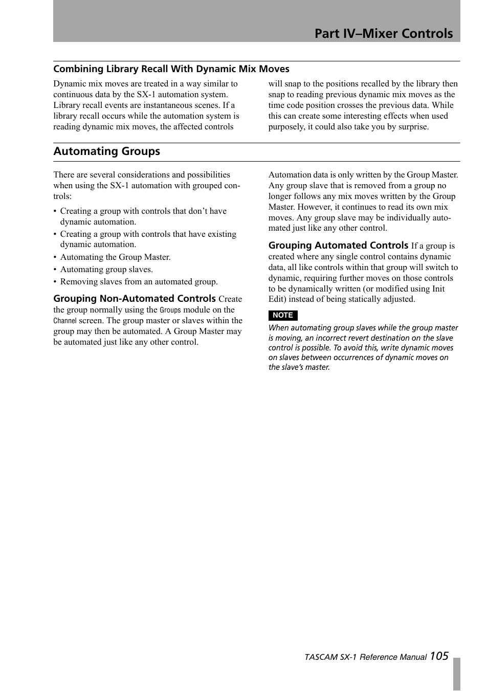 Combining library recall with dynamic mix moves, Automating groups, Part iv–mixer controls | Teac SX-1 Reference Manual User Manual | Page 105 / 213