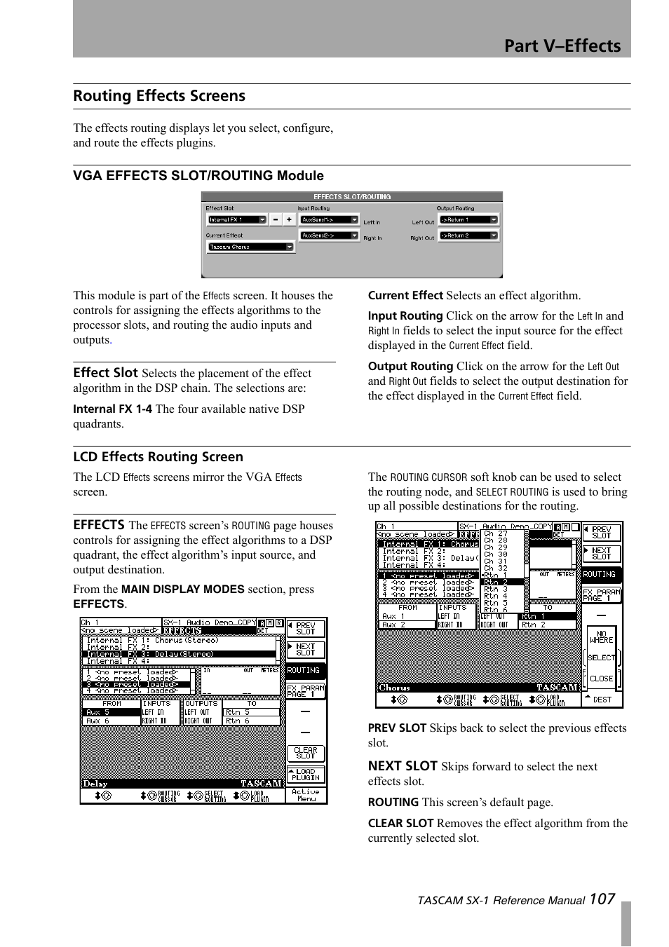Routing effects screens, Vga effects slot/routing module, Lcd effects routing screen | Part v–effects, 107 routing effects screens | Teac SX-1 Reference Manual User Manual | Page 107 / 213