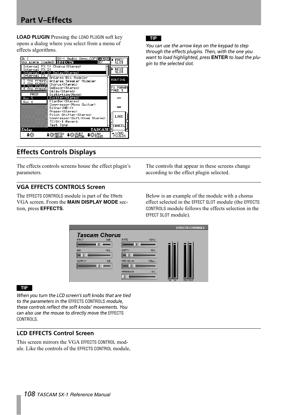 Effects controls displays, Vga effects controls screen, Lcd effects control screen | Part v–effects | Teac SX-1 Reference Manual User Manual | Page 108 / 213