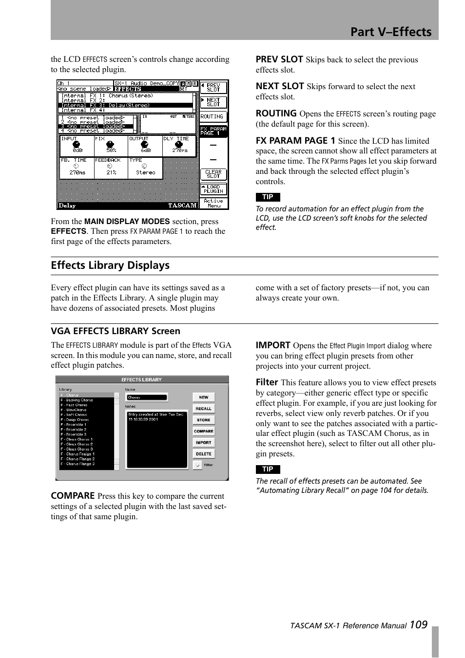 Effects library displays, Vga effects library screen, Part v–effects | Teac SX-1 Reference Manual User Manual | Page 109 / 213