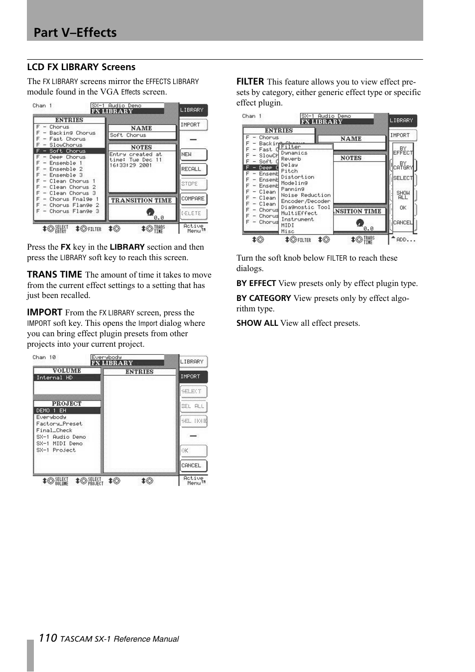 Lcd fx library screens, Part v–effects | Teac SX-1 Reference Manual User Manual | Page 110 / 213