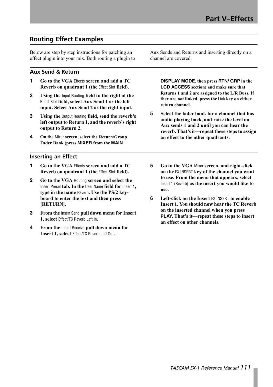 Routing effect examples, Aux send & return, Inserting an effect | Part v–effects, 111 routing effect examples | Teac SX-1 Reference Manual User Manual | Page 111 / 213