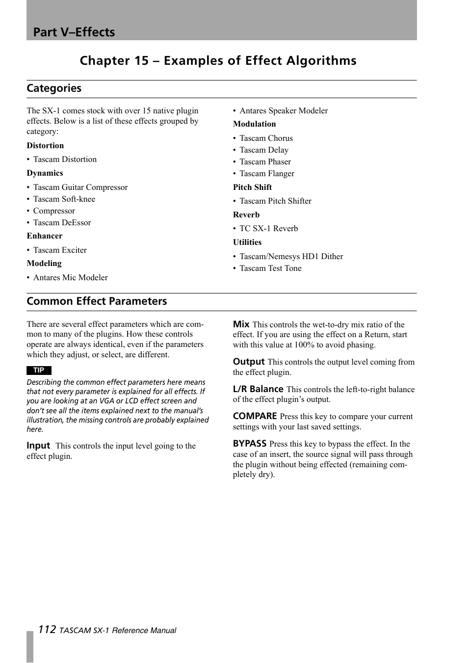 Chapter 15 – examples of effect algorithms, Categories, Common effect parameters | Part v–effects | Teac SX-1 Reference Manual User Manual | Page 112 / 213