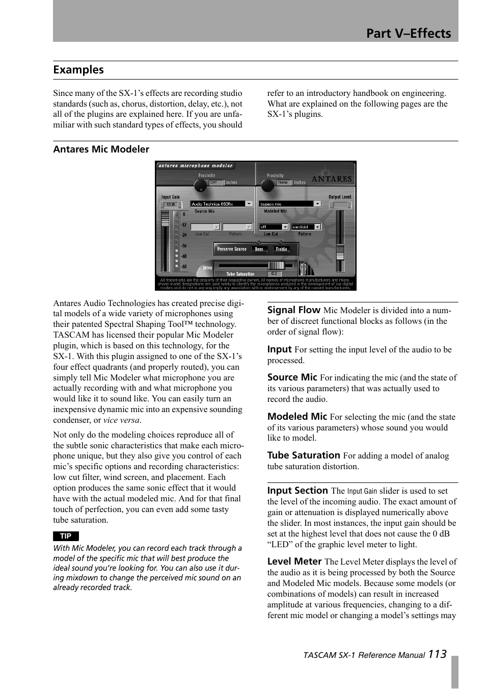 Examples, Antares mic modeler, Part v–effects | 113 examples | Teac SX-1 Reference Manual User Manual | Page 113 / 213