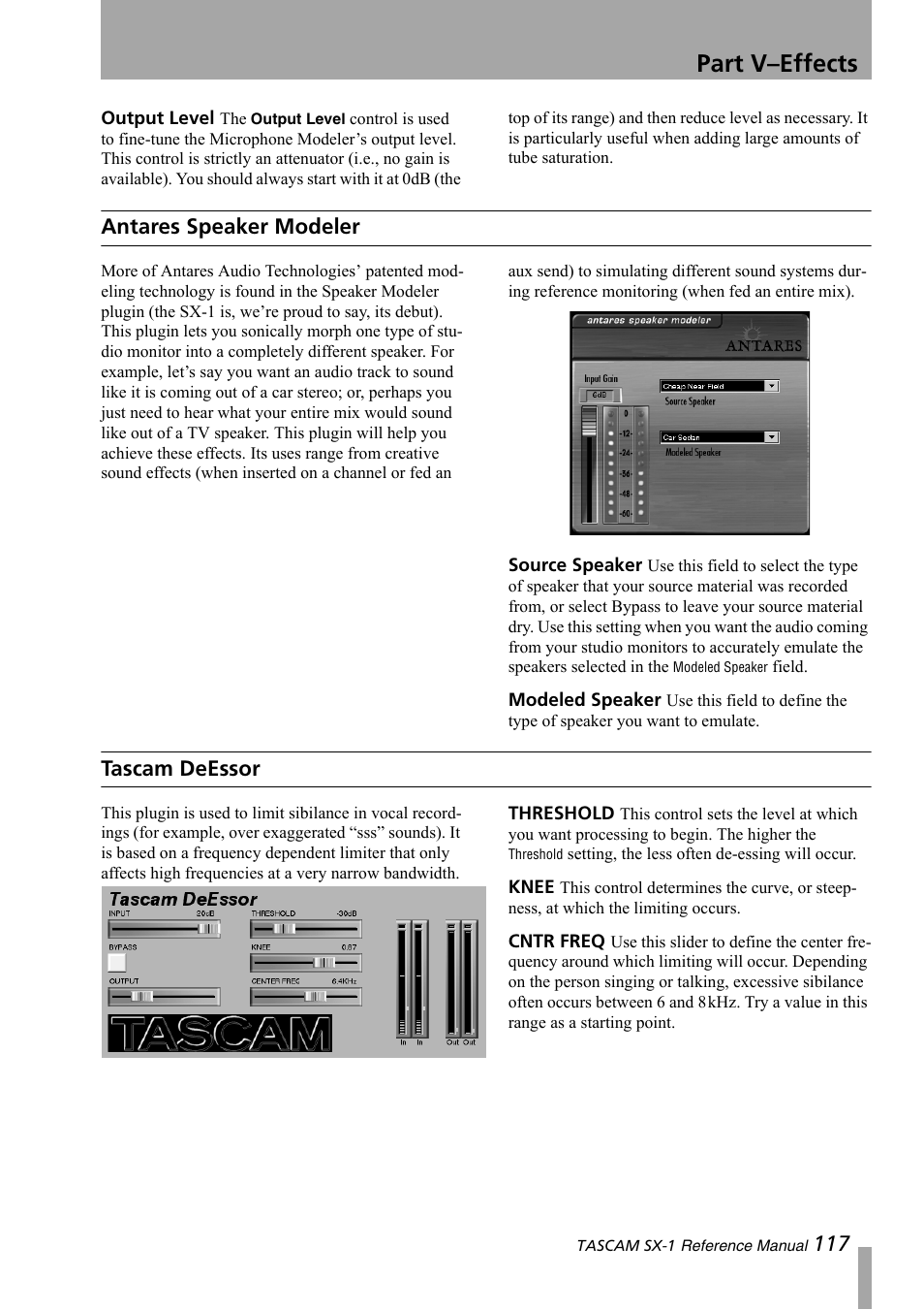 Antares speaker modeler, Tascam deessor, Part v–effects | Teac SX-1 Reference Manual User Manual | Page 117 / 213