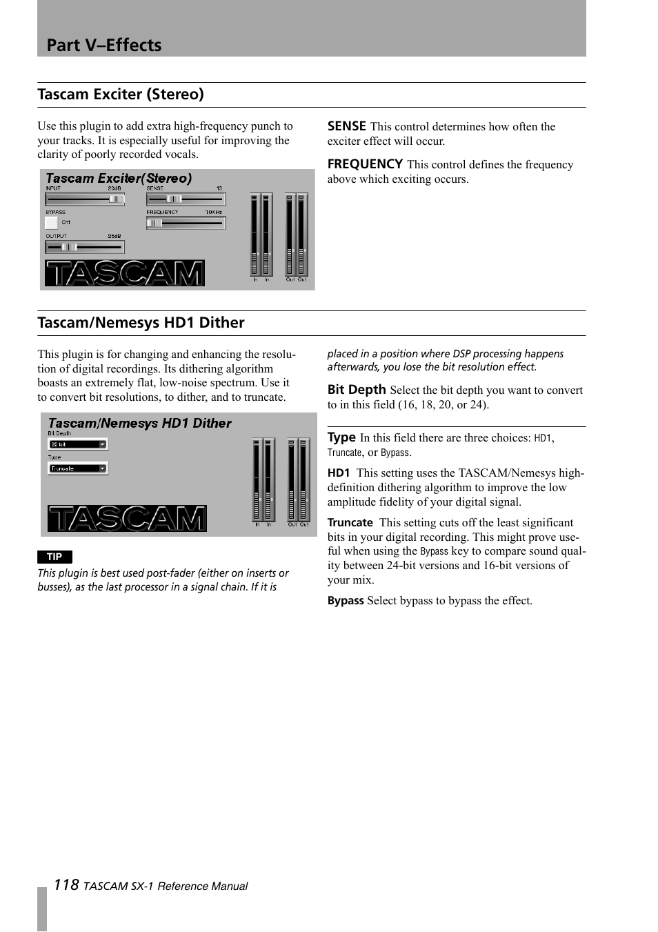 Tascam exciter (stereo), Tascam/nemesys hd1 dither, Part v–effects | Teac SX-1 Reference Manual User Manual | Page 118 / 213