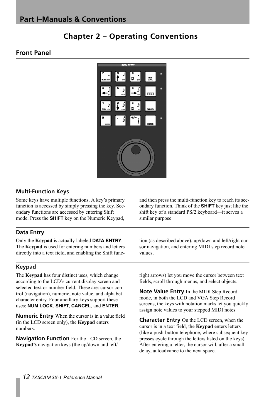 Chapter 2 – operating conventions, Front panel, Multi-function keys | Data entry, Keypad, Part i–manuals & conventions | Teac SX-1 Reference Manual User Manual | Page 12 / 213