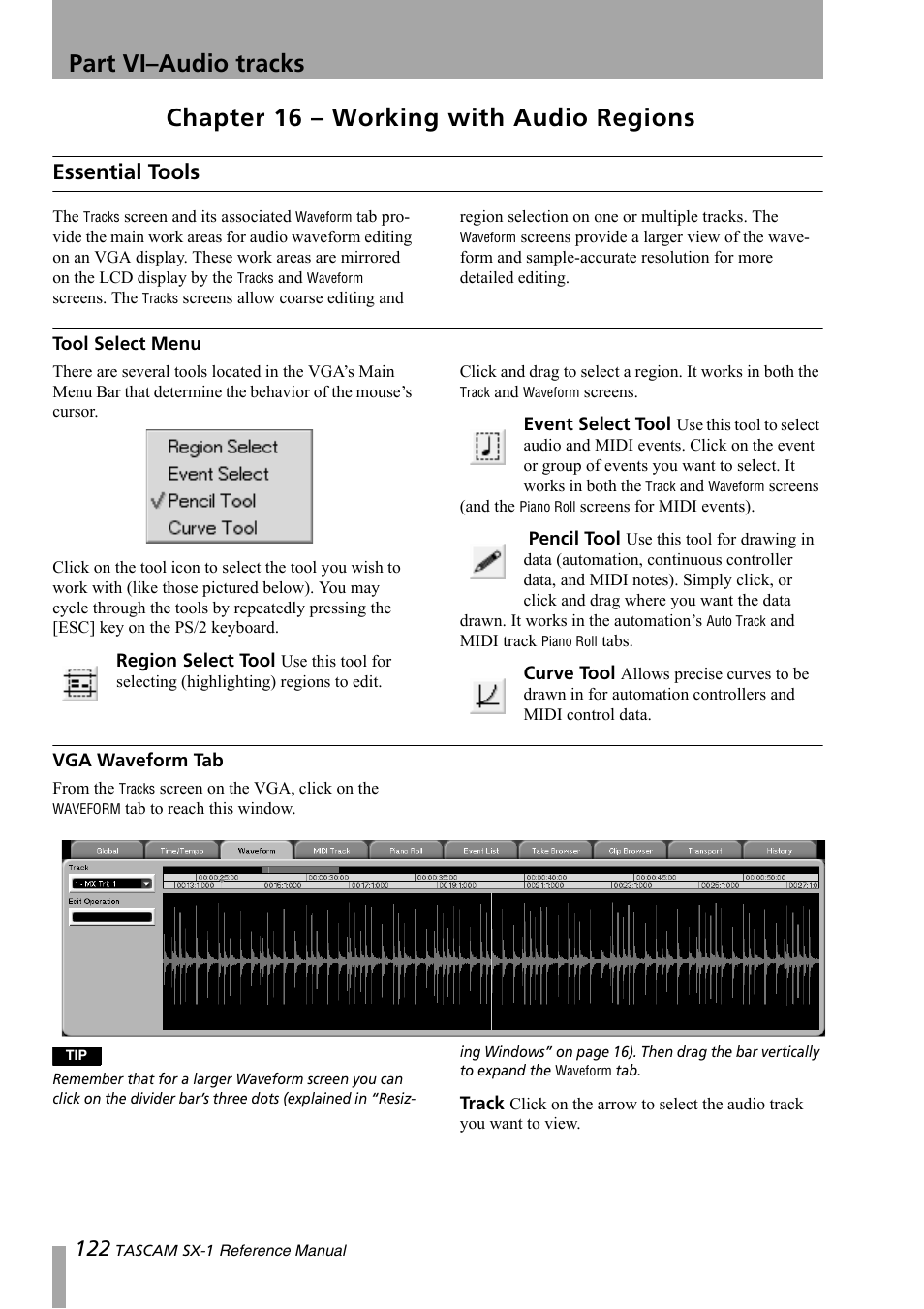 Part vi– audio tracks, Chapter 16 – working with audio regions, Essential tools | Tool select menu, Vga waveform tab | Teac SX-1 Reference Manual User Manual | Page 122 / 213