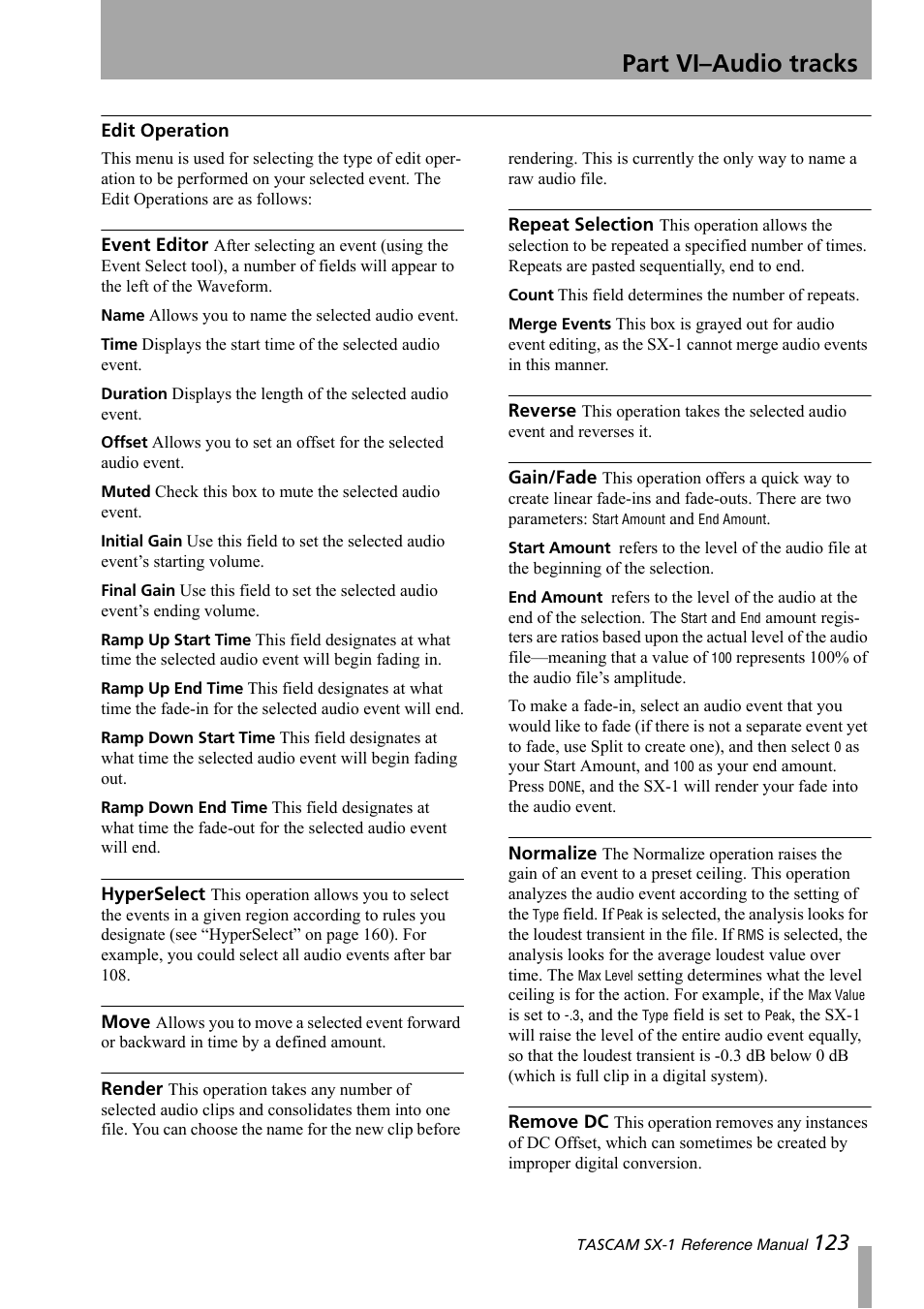 Edit operation, Part vi–audio tracks | Teac SX-1 Reference Manual User Manual | Page 123 / 213