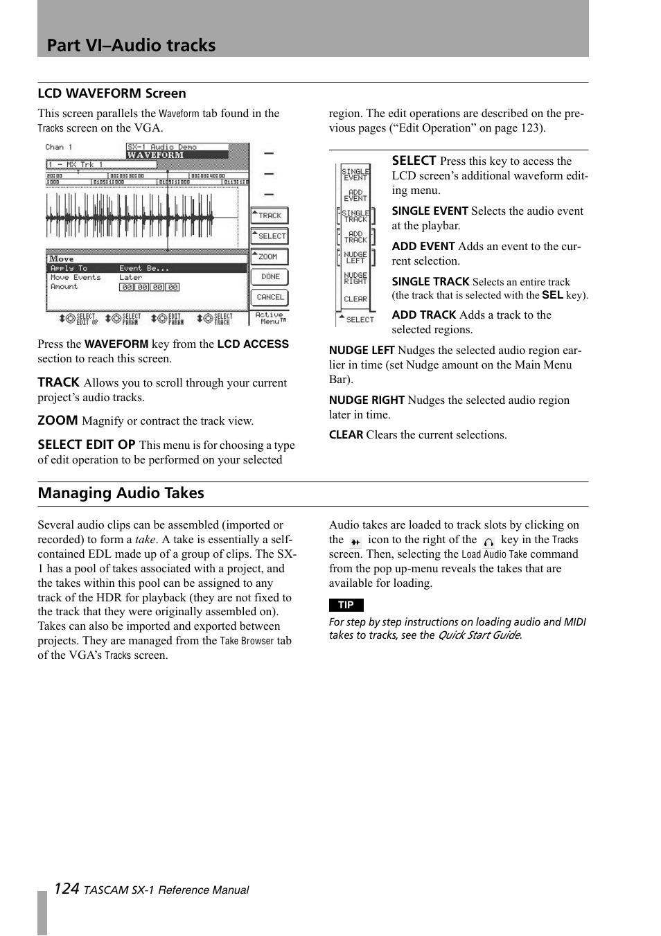 Lcd waveform screen, Managing audio takes, Part vi–audio tracks | Teac SX-1 Reference Manual User Manual | Page 124 / 213