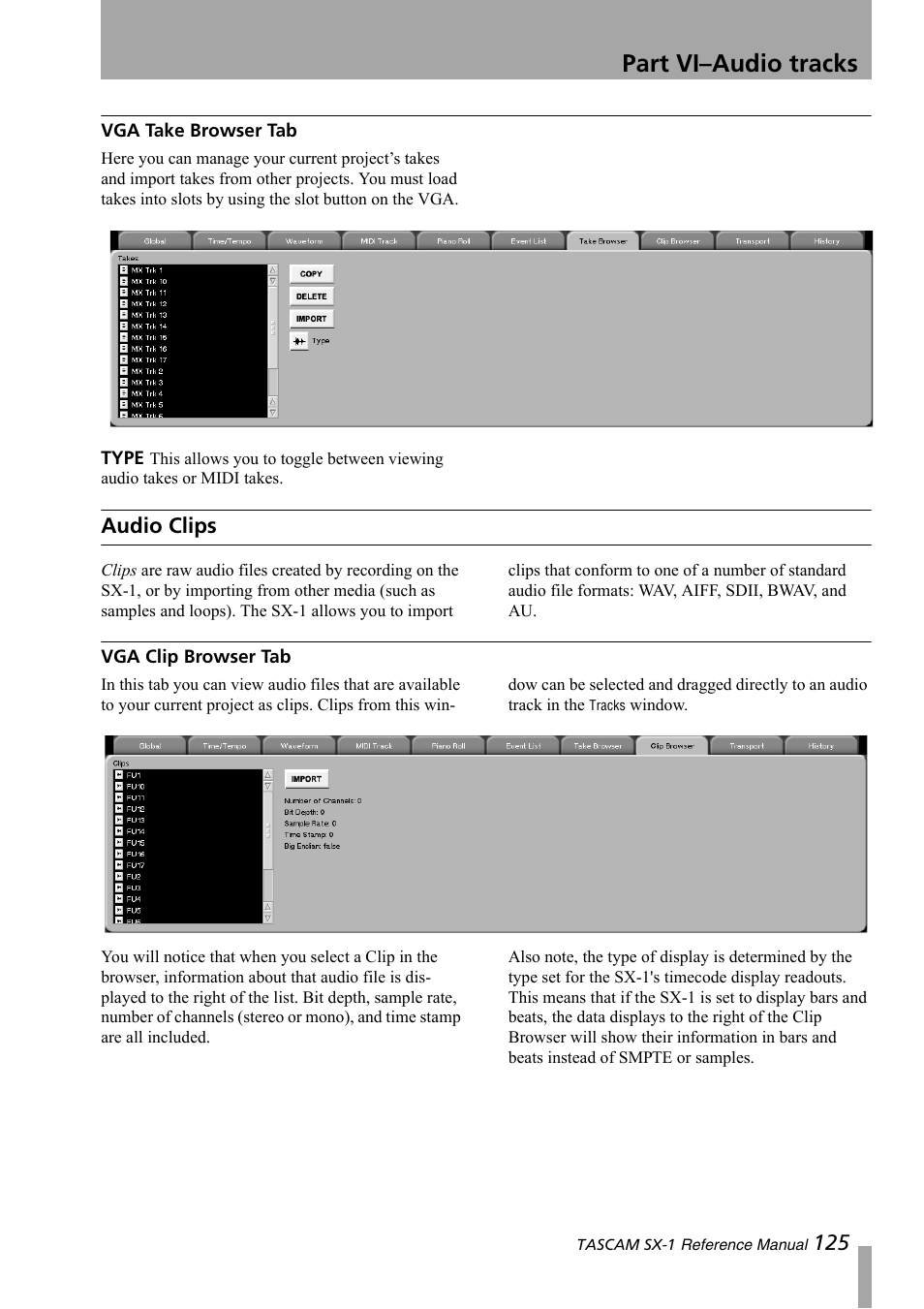 Vga take browser tab, Audio clips, Vga clip browser tab | Part vi–audio tracks | Teac SX-1 Reference Manual User Manual | Page 125 / 213