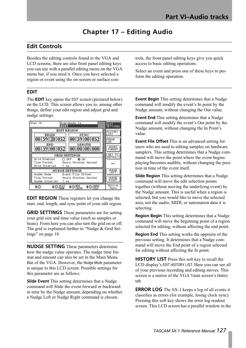 Chapter 17 – editing audio, Edit controls, Edit | Part vi–audio tracks | Teac SX-1 Reference Manual User Manual | Page 127 / 213