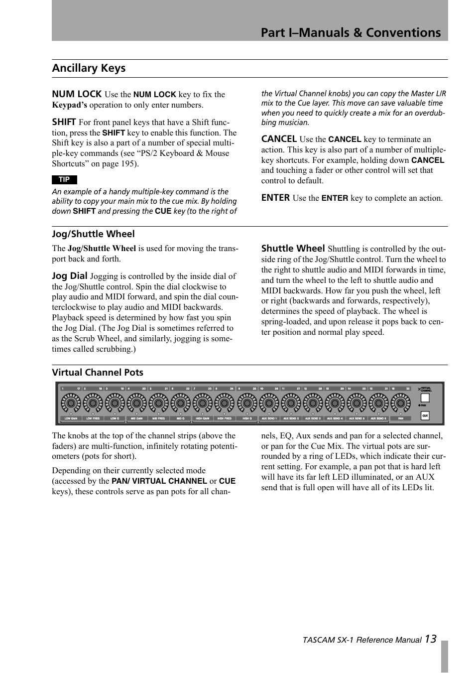 Ancillary keys, Jog/shuttle wheel, Virtual channel pots | Part i–manuals & conventions, 13 ancillary keys | Teac SX-1 Reference Manual User Manual | Page 13 / 213