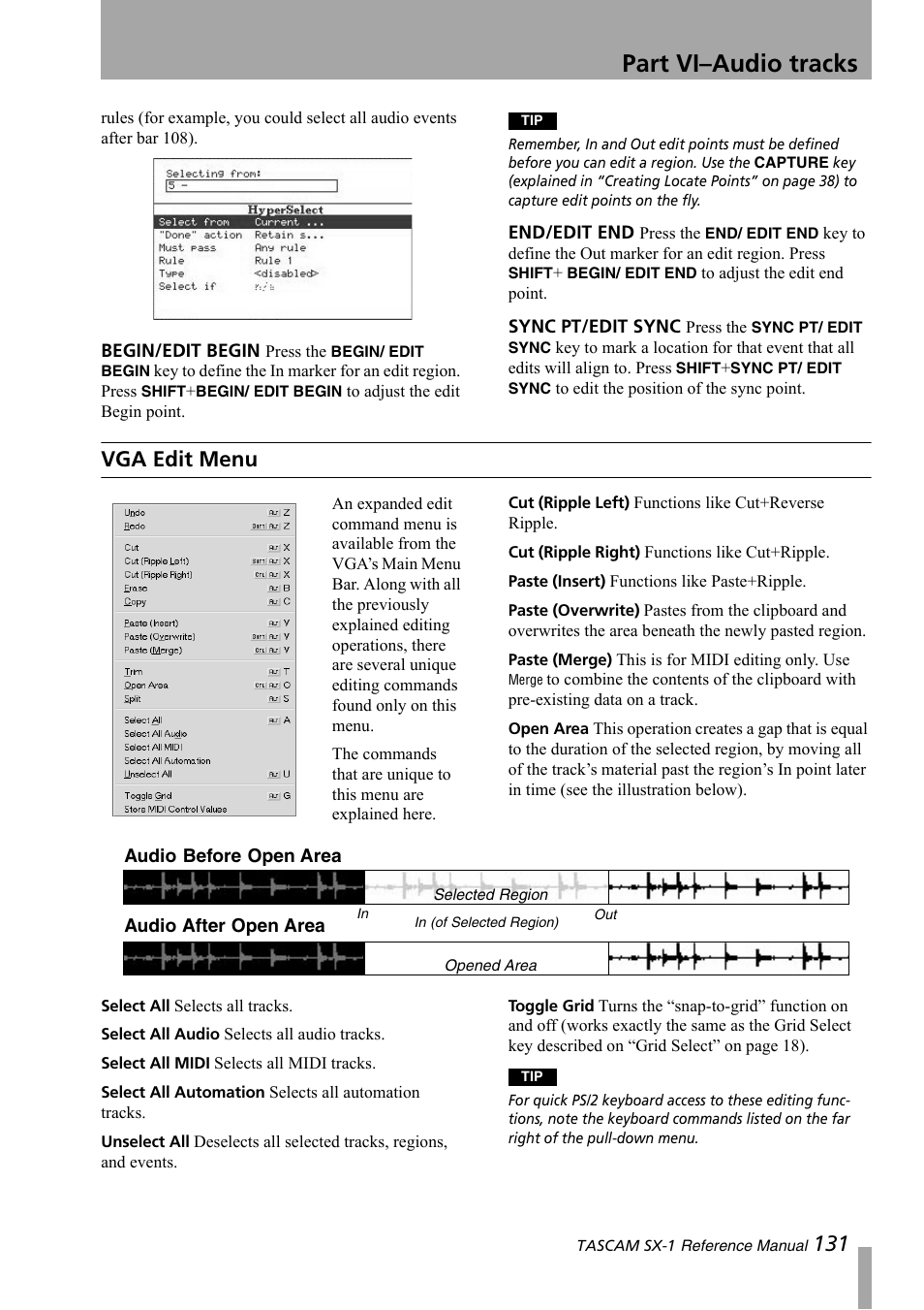 Vga edit menu, Part vi–audio tracks | Teac SX-1 Reference Manual User Manual | Page 131 / 213