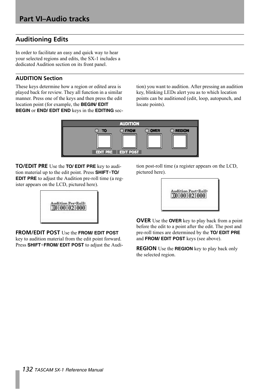 Auditioning edits, Audition section, Part vi–audio tracks | Teac SX-1 Reference Manual User Manual | Page 132 / 213