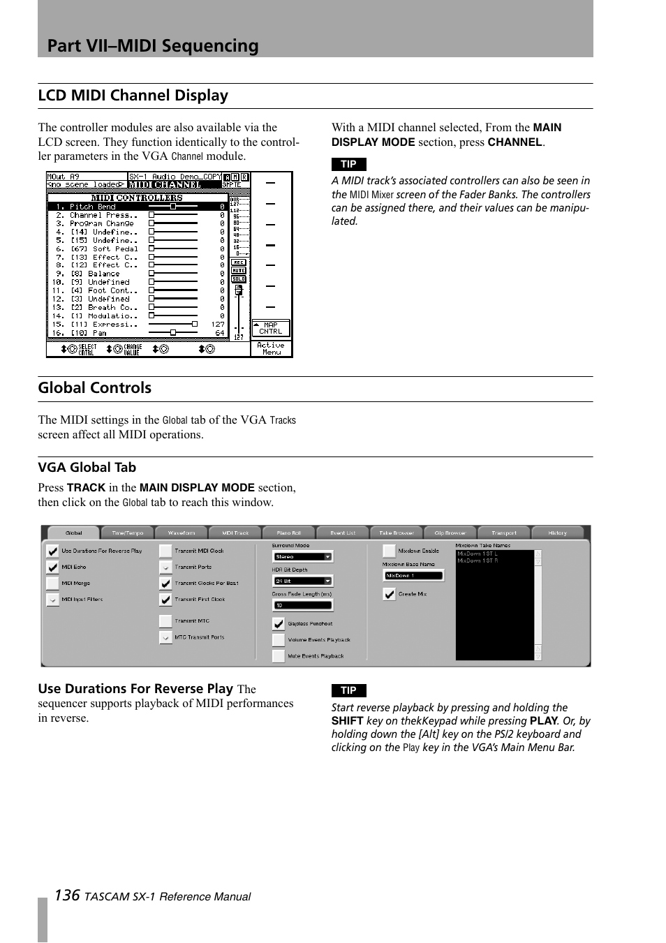 Lcd midi channel display, Global controls, Vga global tab | Part vii–midi sequencing | Teac SX-1 Reference Manual User Manual | Page 136 / 213