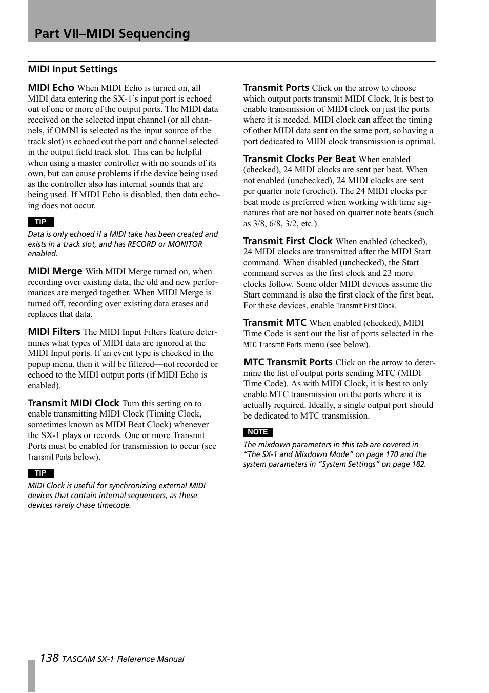 Midi input settings, Part vii–midi sequencing | Teac SX-1 Reference Manual User Manual | Page 138 / 213