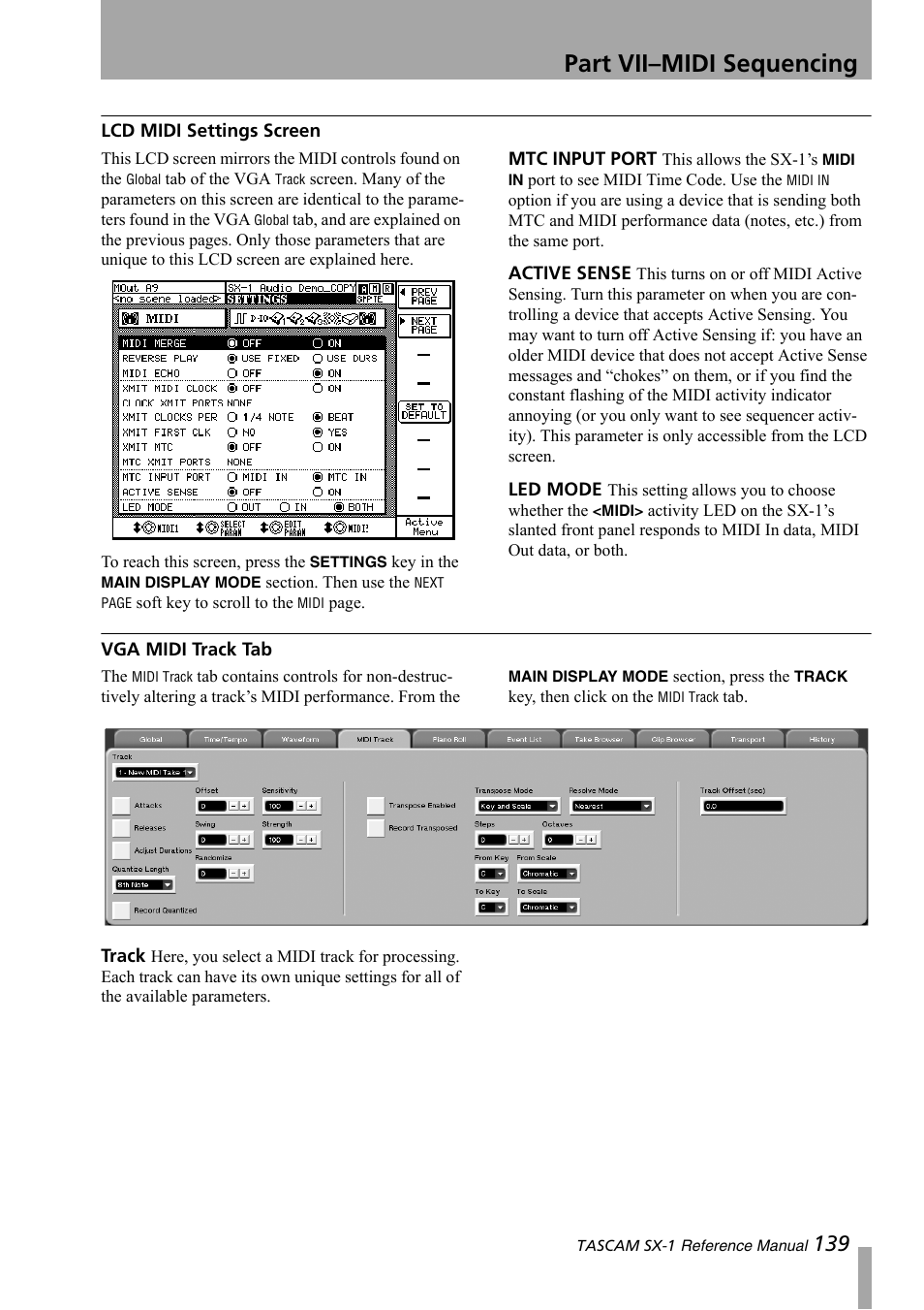 Lcd midi settings screen, Vga midi track tab, Part vii–midi sequencing | Teac SX-1 Reference Manual User Manual | Page 139 / 213