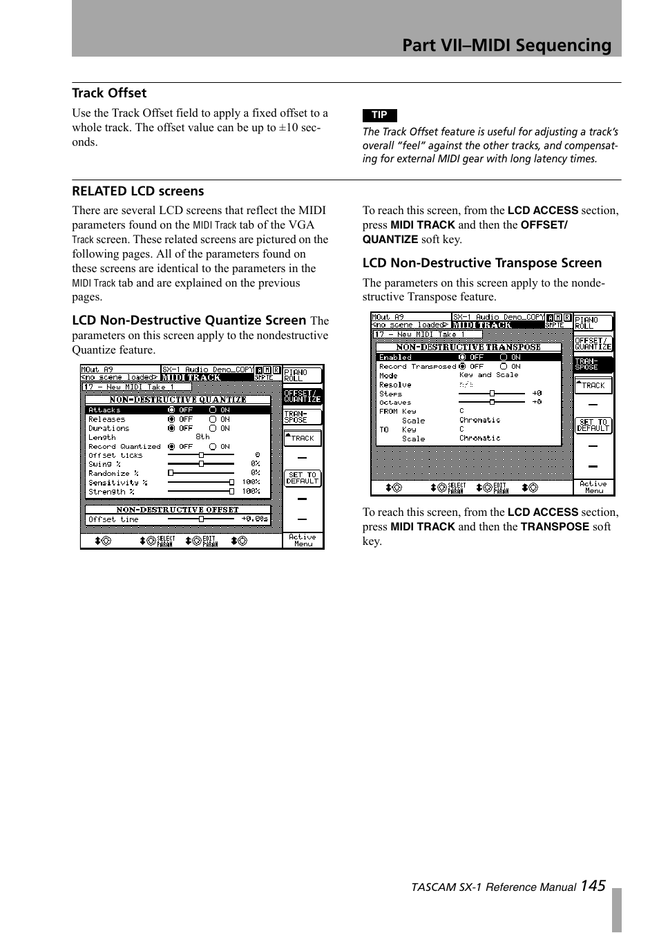 Track offset, Related lcd screens, Part vii–midi sequencing | Teac SX-1 Reference Manual User Manual | Page 145 / 213