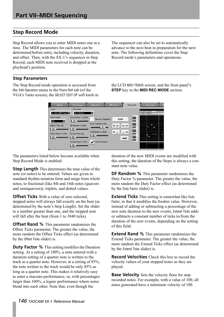 Step record mode, Step parameters, Part vii–midi sequencing | Teac SX-1 Reference Manual User Manual | Page 146 / 213