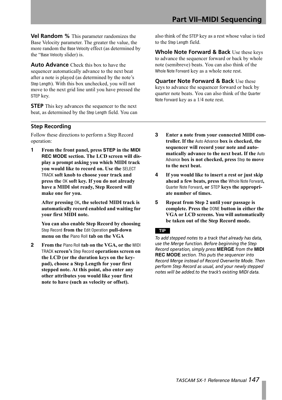 Step recording, Part vii–midi sequencing | Teac SX-1 Reference Manual User Manual | Page 147 / 213