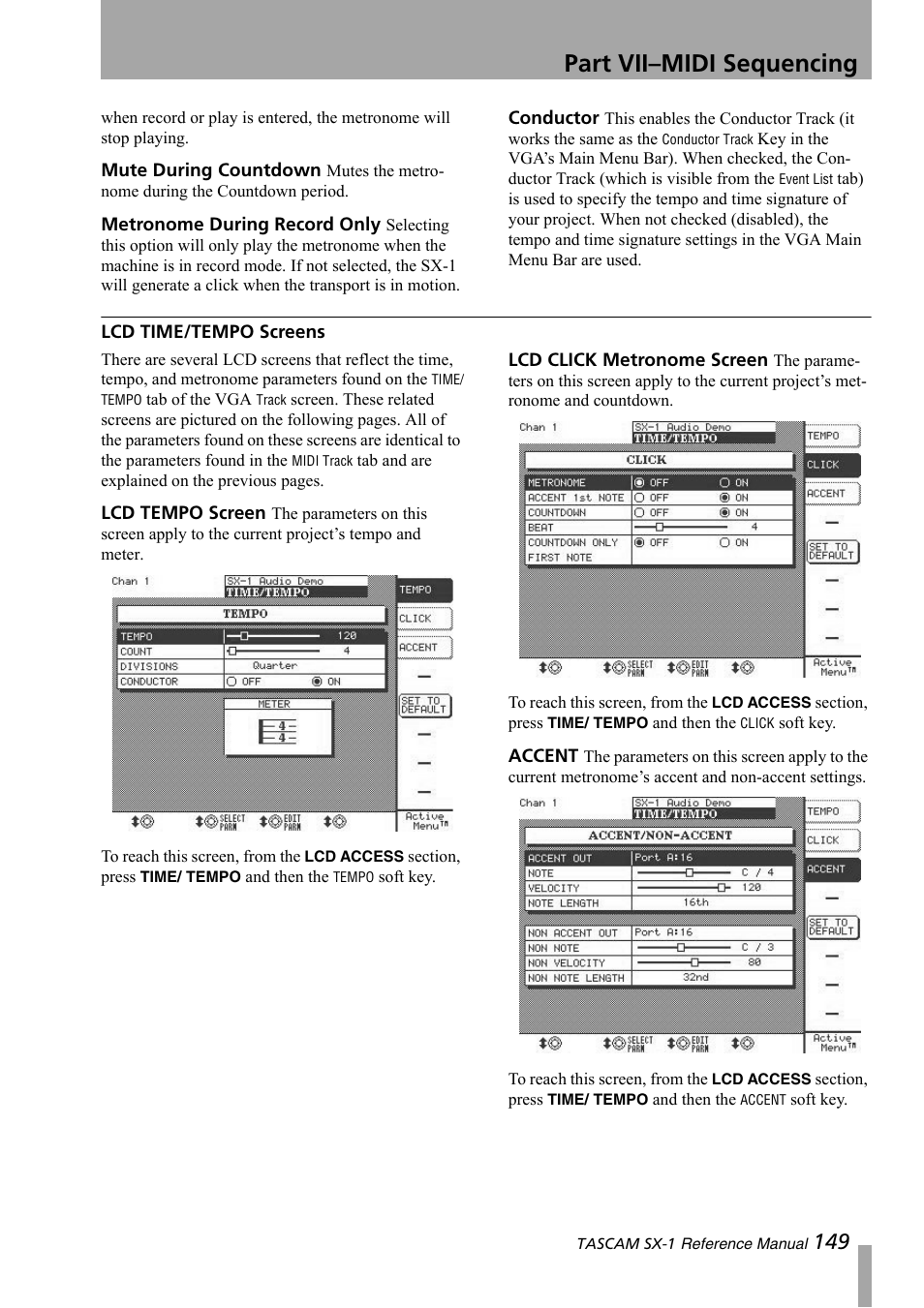 Lcd time/tempo screens, Part vii–midi sequencing | Teac SX-1 Reference Manual User Manual | Page 149 / 213