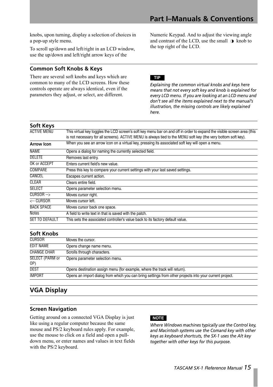 Common soft knobs & keys, Soft keys, Soft knobs | Vga display, Screen navigation, Part i–manuals & conventions, Soft keys soft knobs | Teac SX-1 Reference Manual User Manual | Page 15 / 213